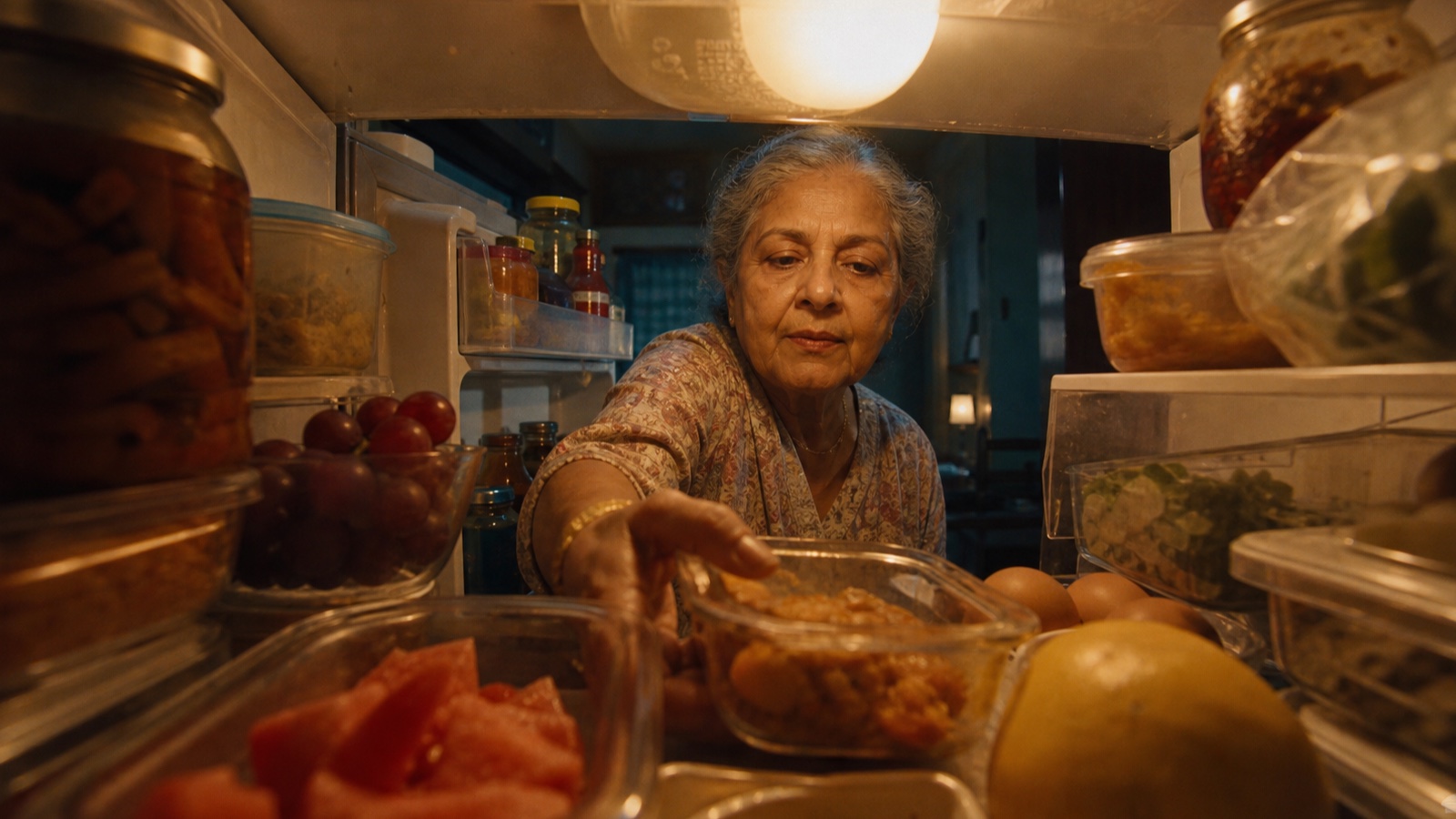 Older woman reaching for leftovers inside a warmly lit refrigerator.