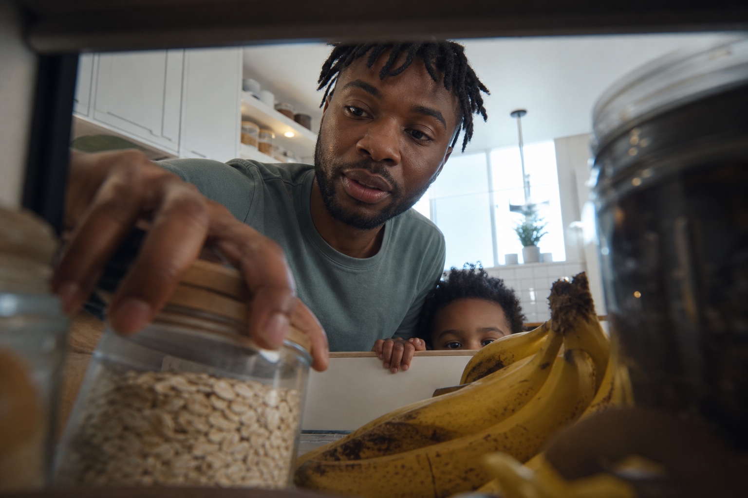 Father and child looking into a pantry drawer with bananas and oats.