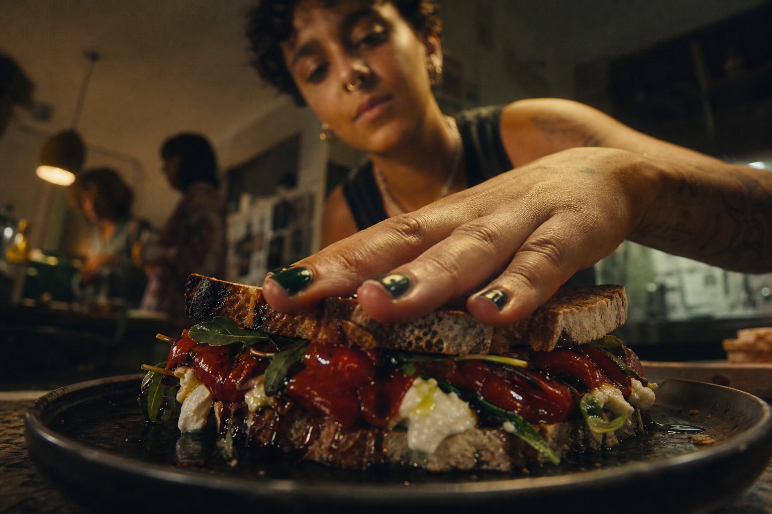Hands pressing together a thick sandwich with roasted peppers, greens, and cheese.