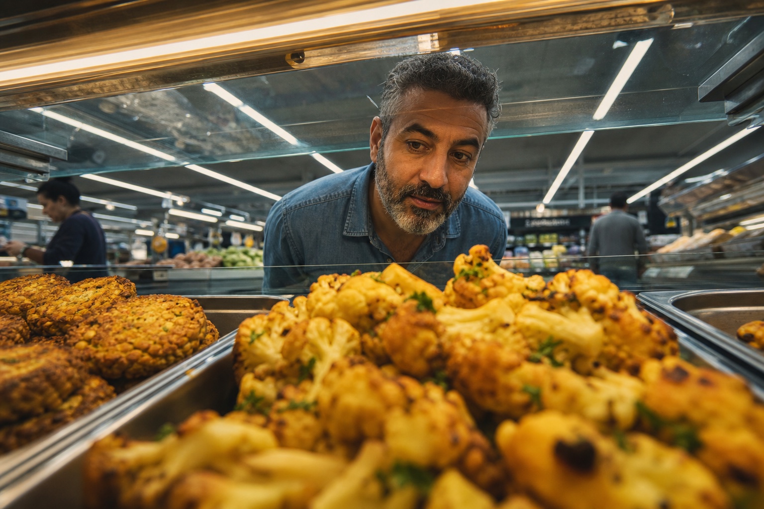 Shopper looking over roasted vegetables and patties at a hot-food counter.