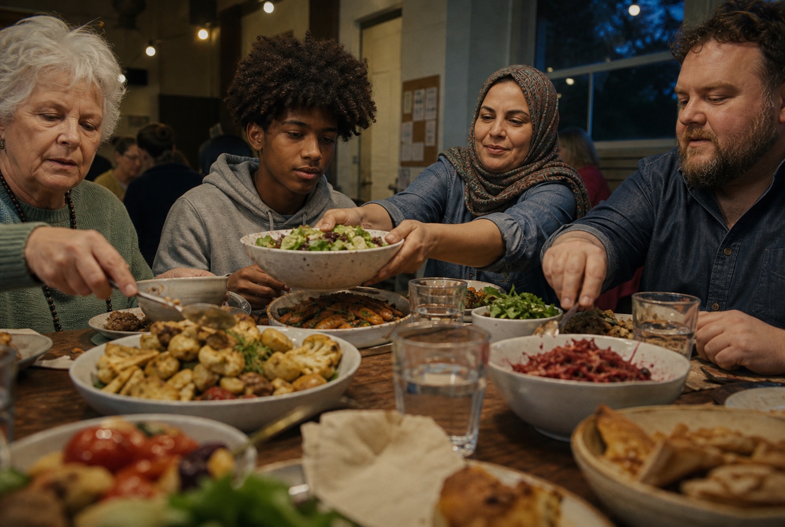 Group sharing bowls and salads at a warm community dinner table.