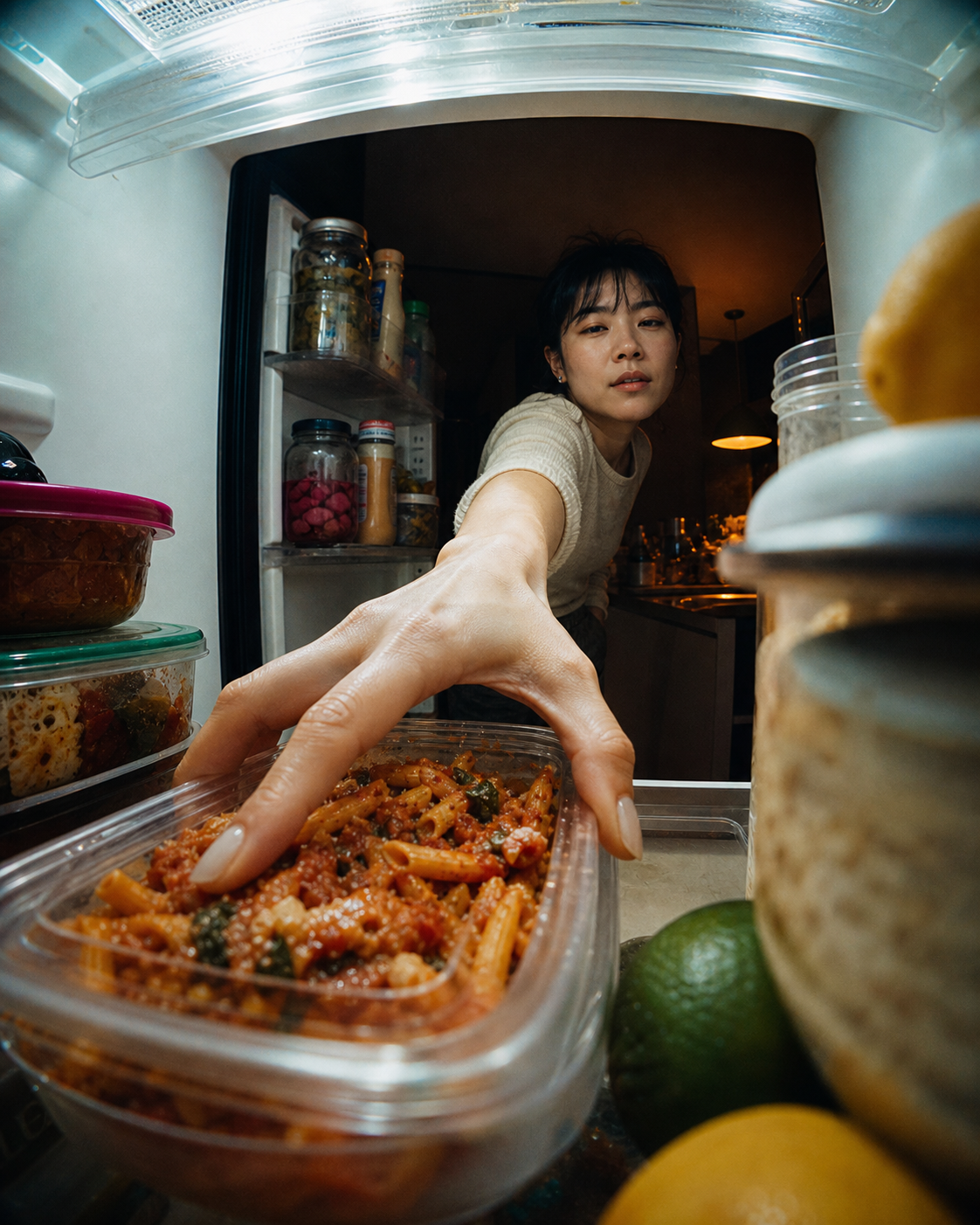 Client reaching into a refrigerator for prepared pasta leftovers.