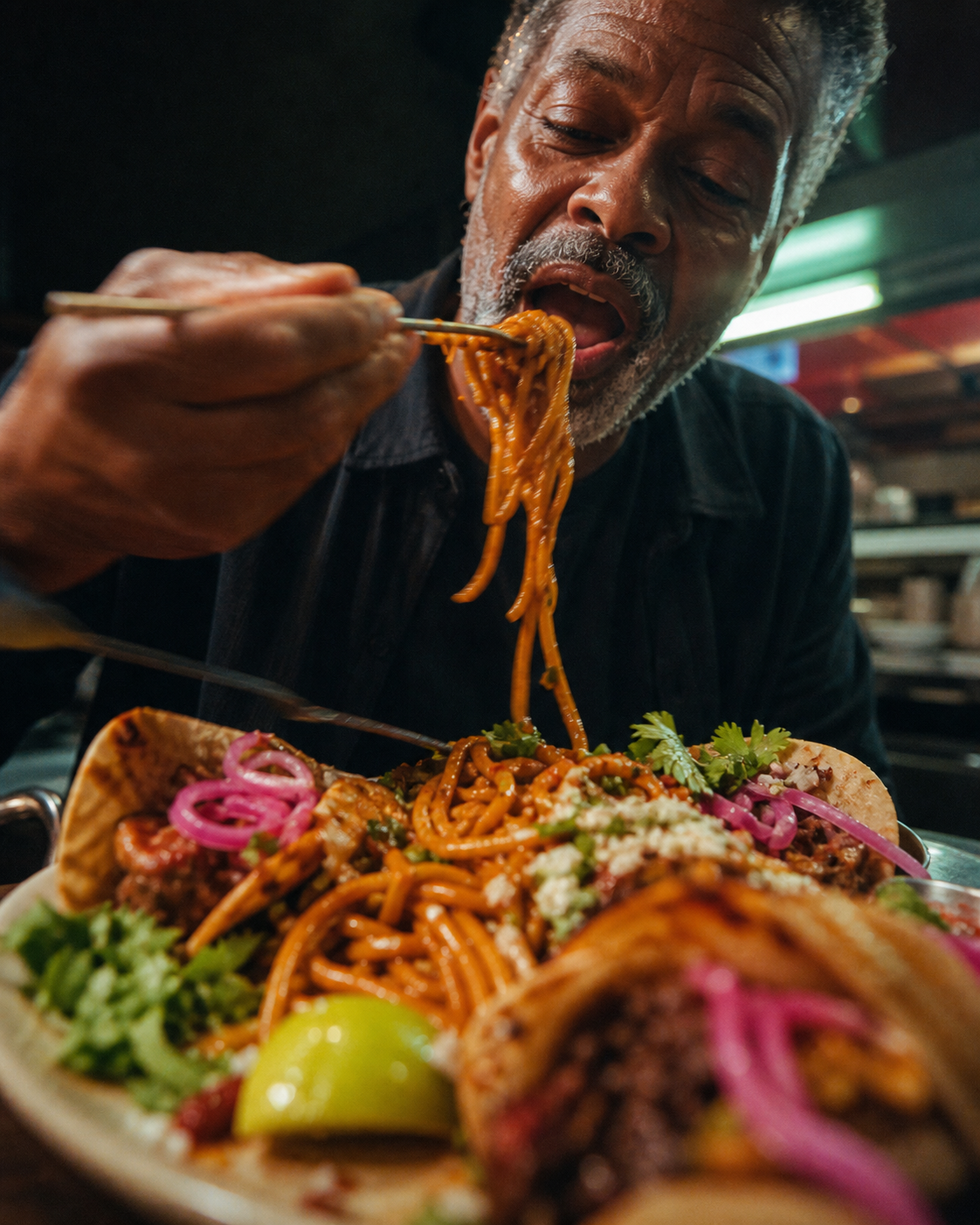 Close-up meal moment with saucy noodles, tacos, lime, herbs, and pickled onions.