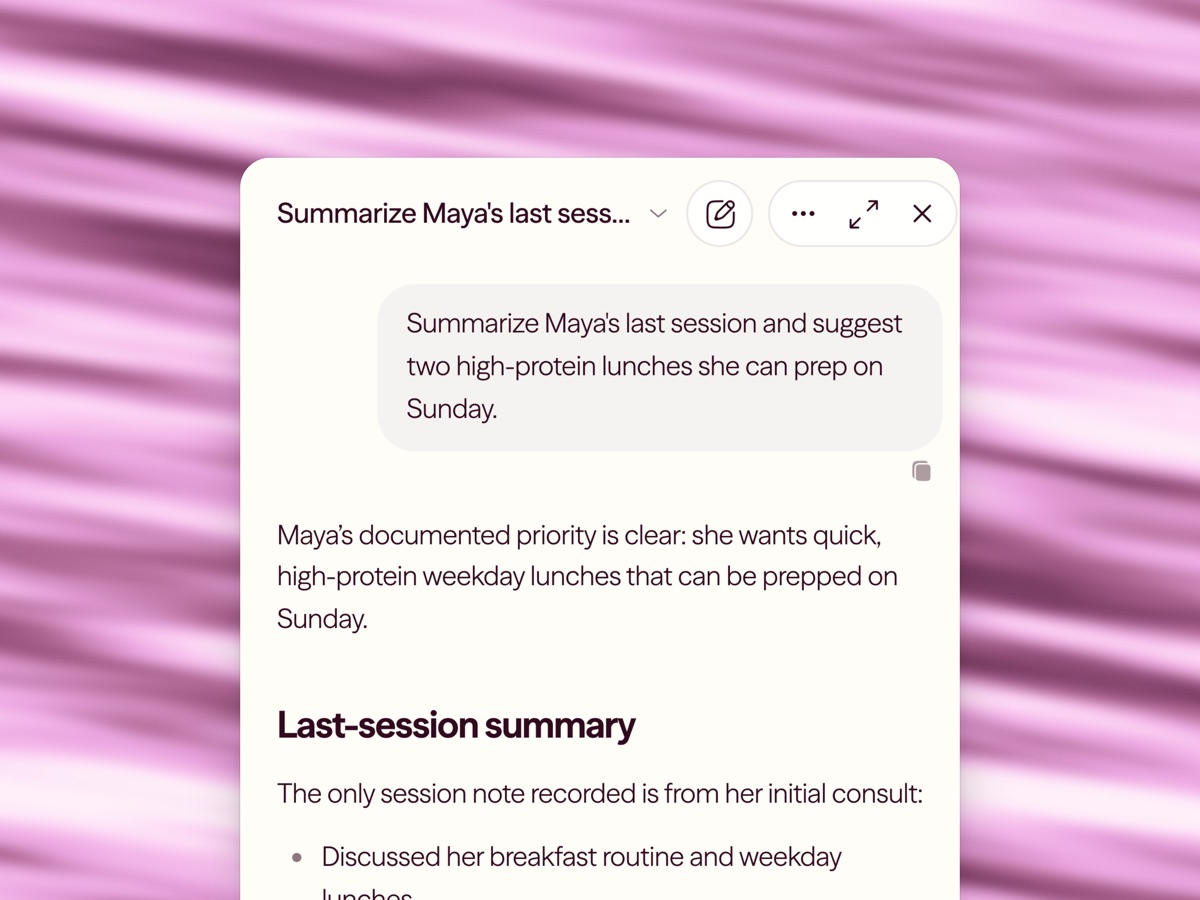 Lumo AI summarizing a client's last session from her documented notes.