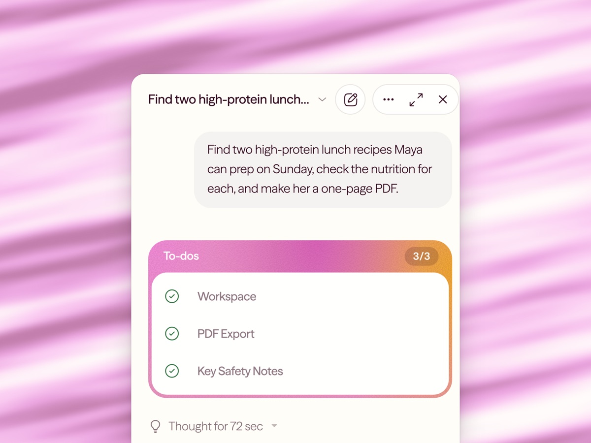 Lumo AI working through a to-do list to find recipes, check nutrition, and export a PDF.