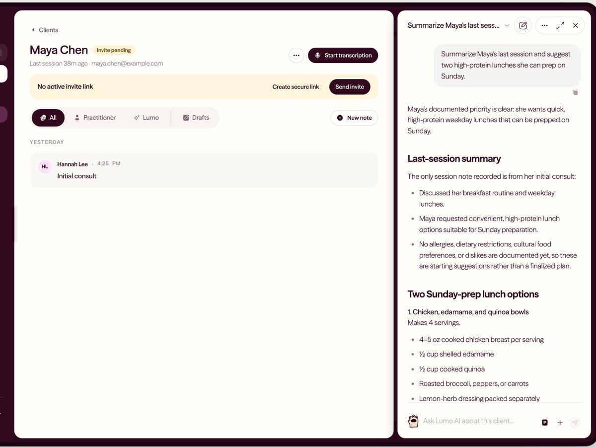 A client page in the Lumo portal with Lumo AI summarizing her last session and suggesting prep-ahead lunches.