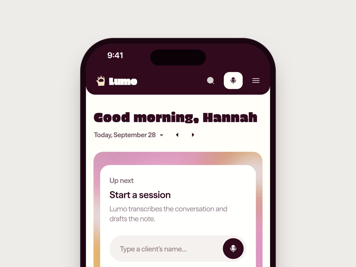 The Lumo portal Today view on a phone, ready to start a session.