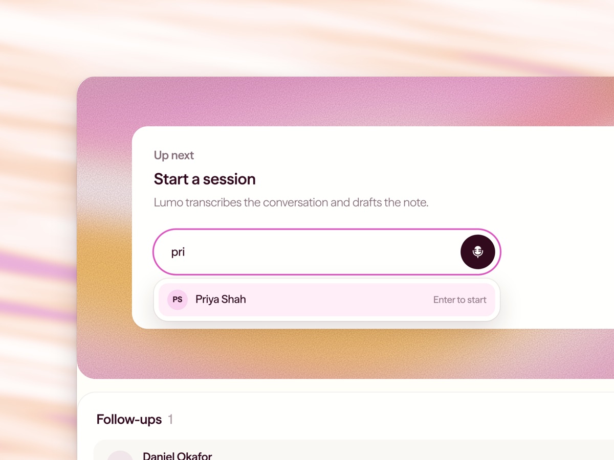 Starting a session in the Lumo portal by typing a client's name, with Priya Shah suggested.