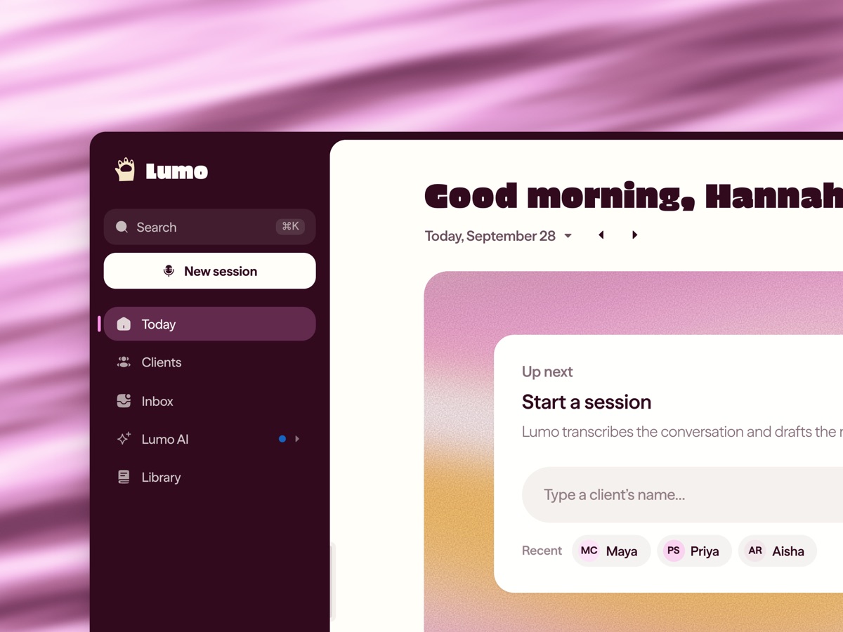 The Lumo portal Today view with the next session, follow-ups, and recent notes.